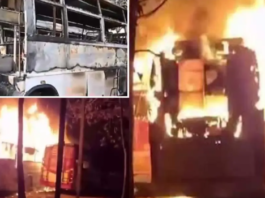 Fire breaks out in an AC bus parked at the Bhathagaon bus stand in Raipur; chaos ensues